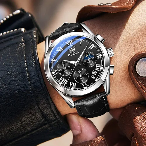Vista 8 de OLEVS Watch for Men Chronograph Brown Leather Analog Quartz Fashion Business Dress Large Face Men Watch Day Date Luminous Waterproof Casual Male