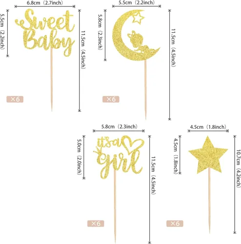 Vista 2 de 36 piezas de decoración para cupcakes con diseño de luna con purpurina de luna y estrella para revelación de género de bebé, baby shower, fiestas
