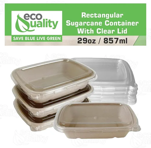 Vista 4 de EcoQuality Cuencos desechables de 29 onzas con tapas transparentes, cuencos rectangulares de papel biodegradable de fibra de caña de azúcar