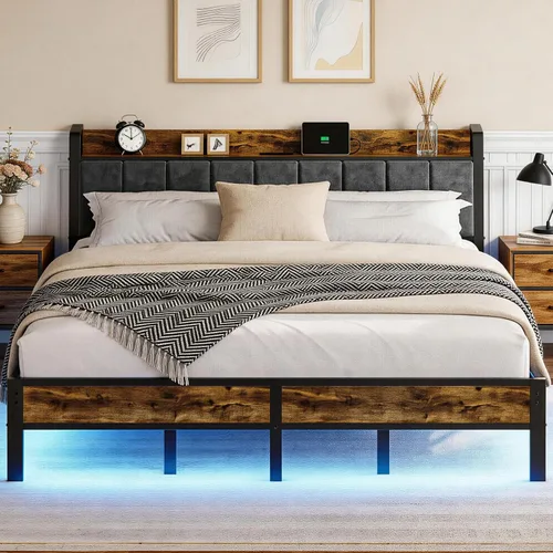 Vista 9 de Liians Base de cama de tamaño individual con cabecera de almacenamiento y estación de carga, luces LED RGB inteligentes, cama de plataforma de metal