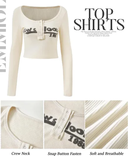 Vista 5 de EMMIOL Camisetas de verano para mujer, ropa Y2k, manga larga, Henley, ajustada, acanalada