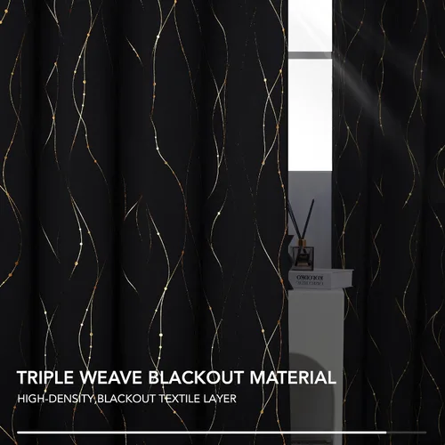 Vista 4 de Deconovo - Cortinas opacas con diseño dorado estampado y ojales, negro, de 42 pulgadas de ancho x 45 pulgadas de largo