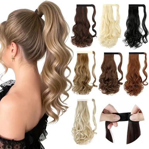 Vista 14 de FELENDY Extensión de cola de caballo, extensiones de cabello largo envolvente de 18 pulgadas, extensiones de cabello ondulado y rizado con clip