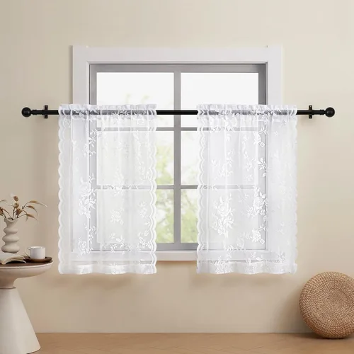 Vista 9 de Cortinas de encaje beige, juego de 2 paneles de cortinas traslúcidas con bolsillo para cortinero, decoración de ventana pequeña, baño, sótano