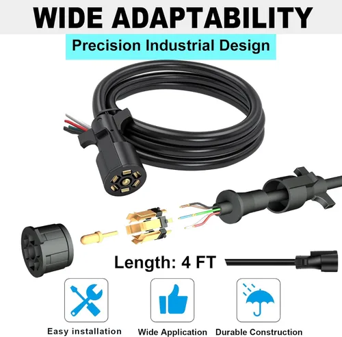 Vista 4 de Cable de remolque de 7 vías, cable de enganche de 4 pies de alta resistencia con 7 vías, cableado de enchufe de remolque en línea, arnés de cable