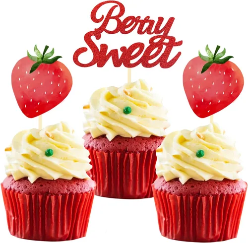 Vista 9 de 24 piezas de decoración para cupcakes de fresa con purpurina y bayas dulces para temática de bayas y fresas para niños, cumpleaños, fiesta de Berry