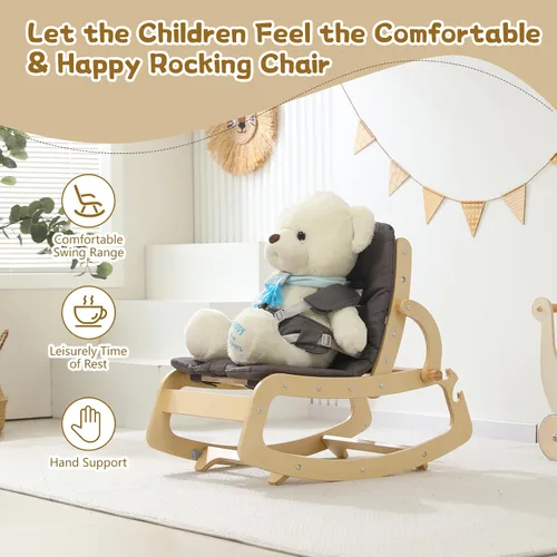 Vista 5 de Mecedora de Bebé de Madera Ajustable 3 en 1, Silla Mecedora de Diseño Ergonómico con Cojín Extraíble, Cinturón de Seguridad y Elevador, Reclinable