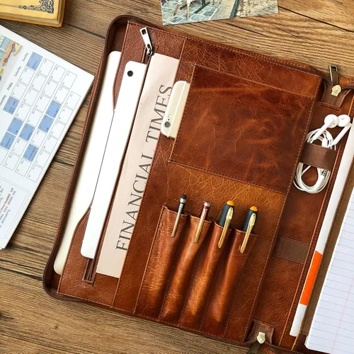 Vista 2 de Cartera de piel auténtica, con cremallera para hombres, carpeta de cuero para bloc de notas tamaño carta, cartera para mujeres, organizador de Cera