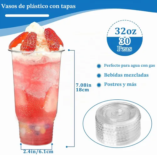 Vista 2 de Vasos de plástico transparente de 32 onzas con tapas, paquete de 30 vasos desechables para fiestas