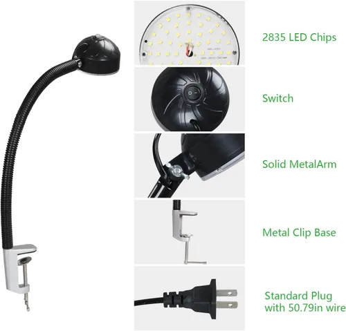 Vista 4 de Luz de trabajo con abrazadera LED de 20 W con base de clip de metal, 2000 lúmenes, 6500 K, enchufe de 110 V, luz de prensa de taladro con cuello