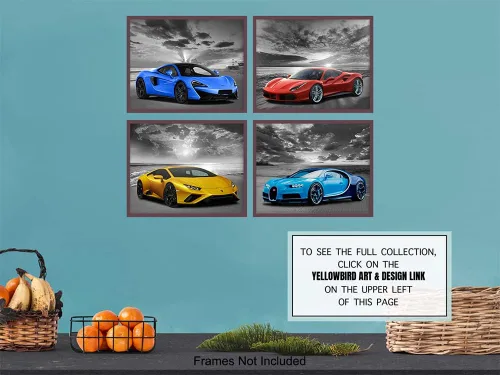 Vista 7 de Lamborghini McLaren Ferrari Bugatti - Arte de pared - Decoración de habitación de niños - Decoración de coche de carreras - Juego de carteles