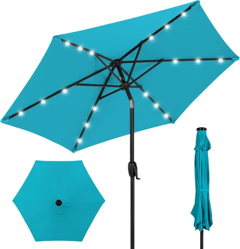 Vista 76 de Best Choice Products Sombrilla de Patio Solar de Poliéster con Luz LED de 10 pies con Ajuste de Inclinación y Tela Resistente a los Rayos UV - Gris