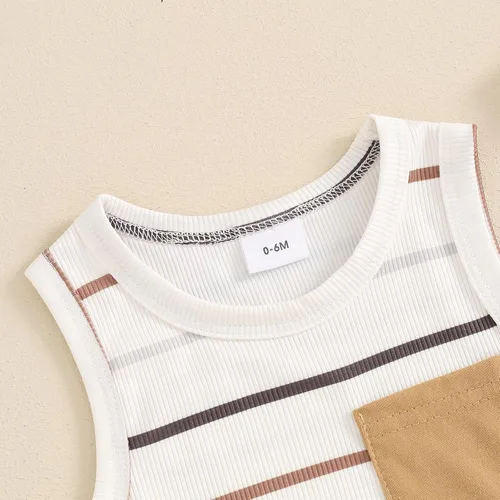 Vista 74 de Ropa de bebé niño sin mangas + pantalones cortos con estampado a rayas con bolsillos, 2 piezas de trajes de verano