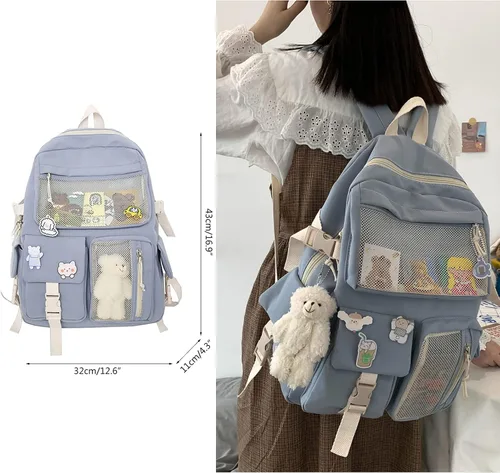 Vista 6 de Linda mochila con lindos accesorios de alfiler colgante de felpa para mochila escolar mochila estudiante niña, Rosado, Mochilas de mochila