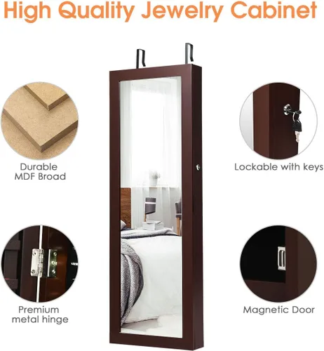 Vista 5 de Giantex Organizador de joyas montado en la paredpuerta con 2 luces LED, armario de joyería de altura ajustable con cerradura con espejo de longitud