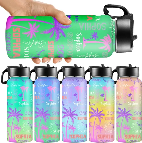 Vista 24 de Botellas de agua personalizadas para niñas, de acero inoxidable con aislamiento de doble pared con pajita, botella de agua de color degradado