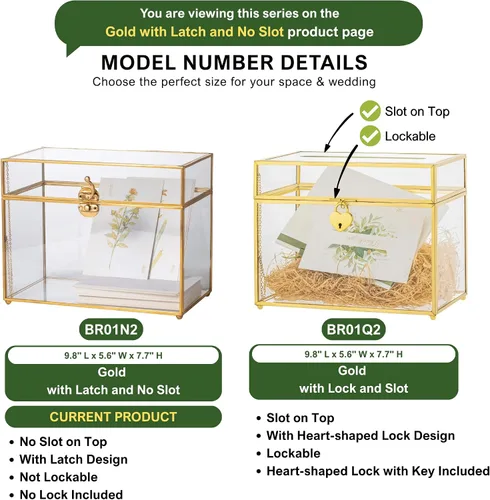 Vista 11 de NCYP Caja de tarjetas de vidrio dorada con tapa para recepción de boda, 9.8 x 5.6 x 7.7 pulgadas, caja de almacenamiento decorativa rectangular