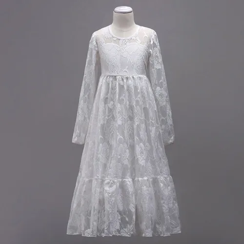 Vista 3 de Vestido de primera comunión con encaje blanco para niñas, boda, dama de honor, fiesta, bautizo, princesa, Aline, bohemio, rústico, baile, Blanco