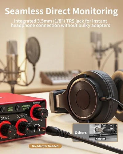 Vista 4 de Interfaz de audio, interfaz 2X2 de 24 bits/192 kHz para alta fidelidad, calidad de estudio para grabación de PC/Mac/iOS, entrada combinada XLR/TRS