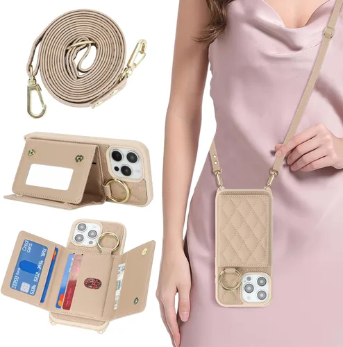 Vista 17 de Funda para iPhone 14 con tarjetero y correa para mujer, cordón cruzado, espejo de maquillaje, soporte de anillo, cierre a presión, bonitas fundas