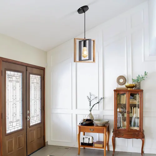 Vista 8 de Lámpara colgante estilo granja, luces colgantes negras para isla de cocina, luz colgante de metal industrial y madera vintage, lámpara de techo