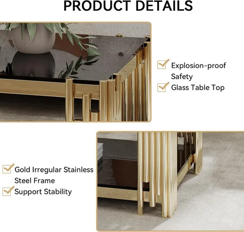 Vista 7 de Mesa auxiliar rectangular de vidrio de 48 pulgadas, mesa de centro de 2 niveles con parte superior de vidrio templado negro, patas de acero