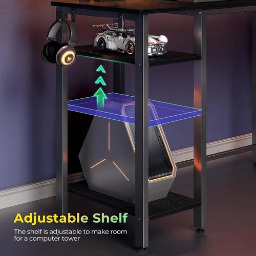 Vista 5 de Rolanstar Escritorio para juegos en forma de L con luces LED y tomas de corriente, escritorio de computadora de 46.2 pulgadas con soporte completo