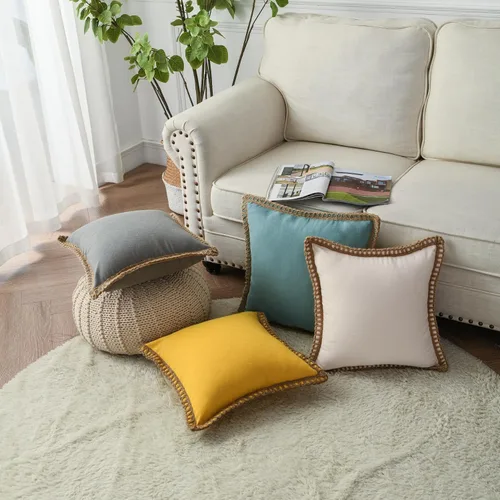 Vista 2 de LIGICKY Paquete de 2 fundas de almohada decorativas de arpillera con bordes a medida, fundas de almohada cuadradas para sofá, cama, sala de estar