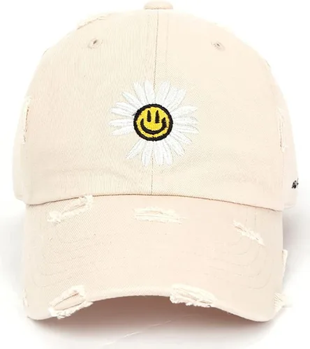Vista 2 de Flipper Gorra de béisbol con diseño de margaritas de algodón lavado sin estructura, diseño de cara sonriente