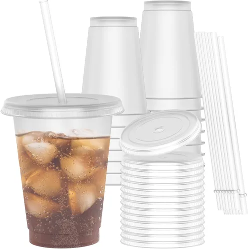 Vista 11 de Vasos de plástico de 24 onzas con tapas y pitillos, tazas de café helado resistentes y seguras para alimentos con tapa, vaso de plástico Negro