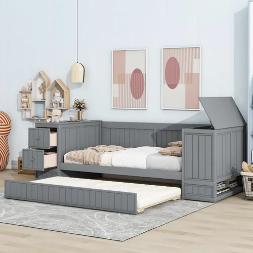 Vista 4 de SOFTSEA Sofá cama de tamaño individual con nido, cajones y puertos USB, sofá cama de madera maciza con estantería de almacenamiento, multifuncional