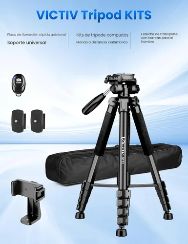 Vista 8 de Trípode para cámara y teléfono, trípode de cámara de 72 pulgadas de alto con control remoto, soporte de cámara compacto profesional resistente