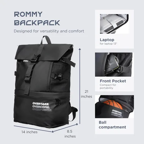 Vista 4 de OVER3 Mochila de baloncesto grande – con compartimento para zapatos y laptop – Bolsa versátil para baloncesto, fútbol, voleibol, fútbol y viajes