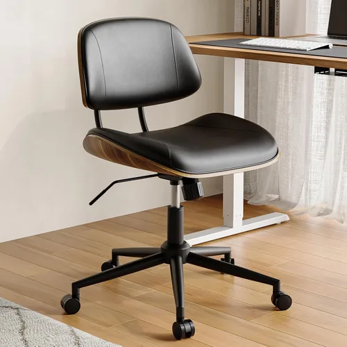 Vista 10 de Silla de Oficina sin Brazos con Ruedas, Silla de Escritorio de Cuero PU de Altura Ajustable - Silla de Computadora Ergonómica Giratoria de 360°