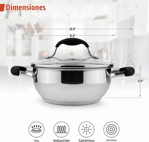 Vista 3 de AVACRAFT Sartén de Acero Inoxidable 18/10 para Uso Diario, Sartén Wok con Base de Cinco Capas, Sartén de Chef con Tapa de Vidrio, Sartén Multiusos