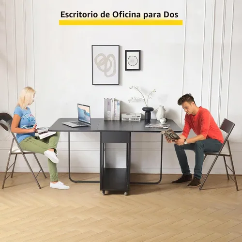Vista 8 de Mesa de Comedor Plegable con Dos Cajones para 4/6 con Mesa de Hoja Abatible que Ahorra Espacio, Ruedas Bloqueables y Almacenamiento, Superficie
