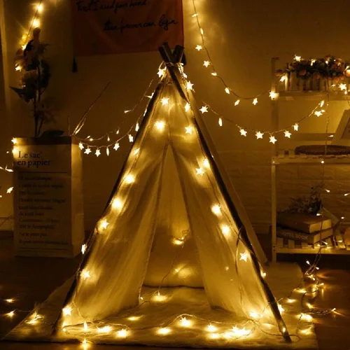 Vista 6 de Merdeco - Guirnalda de luces de estrella, 10 pies, 9.8 ft, 20 luces LED enchufables, luces de hadas blancas cálidas para cumpleaños, Navidad, boda