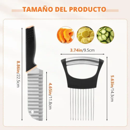 Vista 2 de Cuchillo de corte arrugado, mango de goma, cortador de papas fritas de acero inoxidable con soporte para cebolla, cuchillo para cortar ensalada