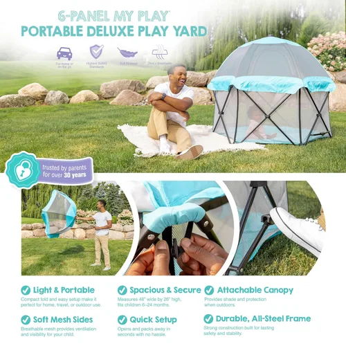 Vista 3 de Regalo My Play Deluxe - Patio de juegos portátil para interiores y exteriores, kit adicional, incluye un toldo completo, lavable, aguamarina, 6