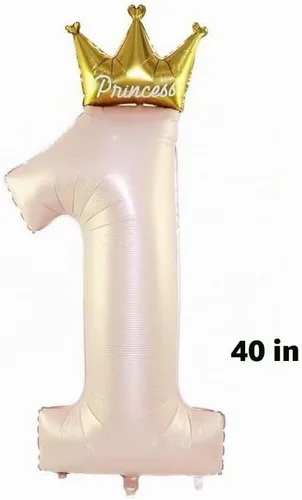 Vista 2 de Globos rosas de corona de princesa número 1 de 40 pulgadas, globos de primer cumpleaños para niñas, decoraciones de fiesta de primer cumpleaños