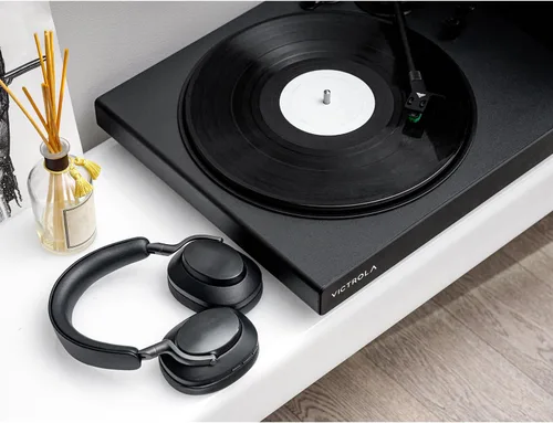 Vista 7 de Victrola Tocadiscos negros de alta resolución: aptX adaptativo, aptX HD, transmisión Bluetooth, salida RCA con cable, brazo de aluminio (negro)