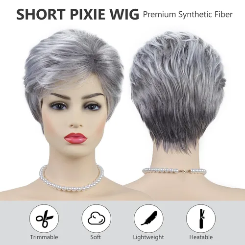 Vista 3 de Pelucas cortas gris plateadas para mujeres blancas, pelucas sintéticas con corte pixie natural y a capas con flequillo, peluca corta de pelo gris