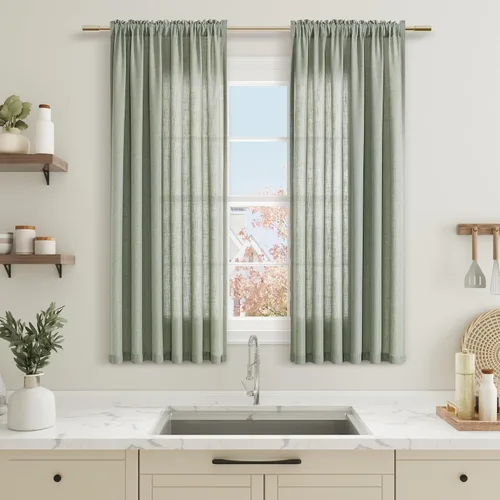 Vista 108 de Cortinas de lino verde aguamarina de 84 pulgadas de largo, juego de 2 paneles semitransparentes con bolsillo para barra para comedor, decoración