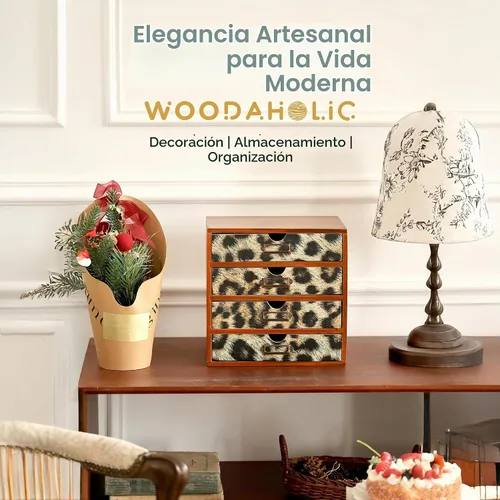 Vista 8 de Organizador de escritorio de madera con estampado de leopardo clásico - Almacenamiento de escritorio de 4 cajones - Gabinete de madera rústico