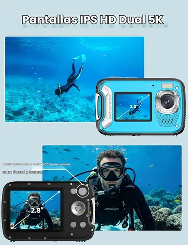 Vista 3 de Cámara impermeable 5K, cámara subacuática de 96 MP y 33 pies con pantallas duales, cámara digital de enfoque automático para esnórquel, buceo, surf