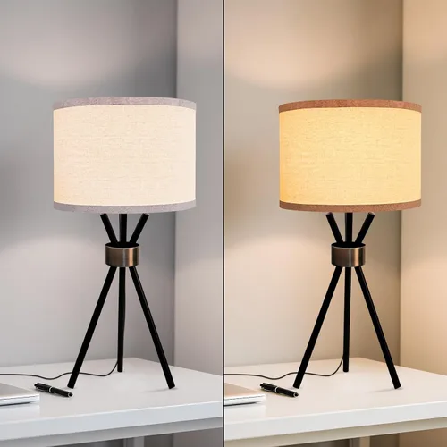 Vista 6 de Lámpara de mesa con trípode, cuerpo de metal con pantalla de tambor de lino, lámpara de mesa alta para dormitorio con enchufe E26, ideal para sala