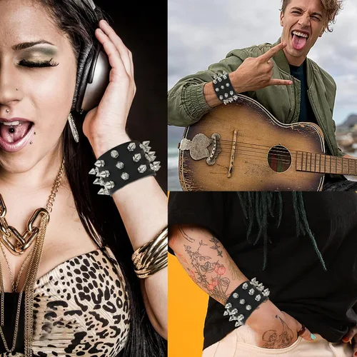 Vista 7 de 2 pulseras exageradas de piel sintética negra con remaches con tachuelas, pulsera ancha gótica punk rock estilo joyería para hombres y mujeres