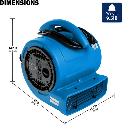 Vista 2 de MOUNTO Ventilador Air Mover de 1/5 hp de 800 cfm, ventilador de secado de pisos, motor de aire compacto de 3 velocidades con doble salida, cable