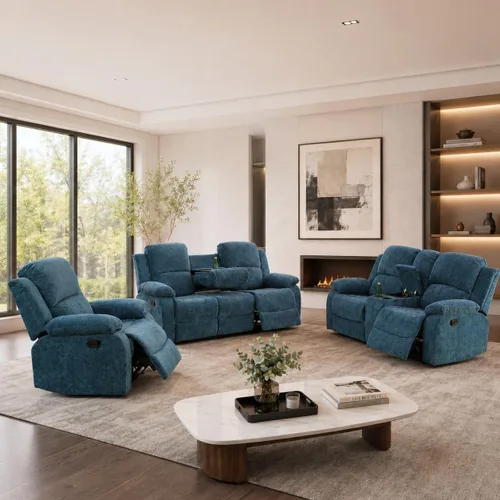 Vista 8 de Juego de sofá reclinable manual de 3 piezas, juego de muebles de sala de estar de tela beige con sofá reclinable de 3 asientos, sofá biplaza