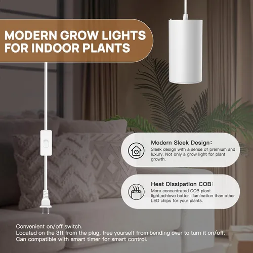 Vista 7 de STERREN Luz de Crecimiento LED, Luces Colgantes Blancas Enchufables para Plantas de Interior, Luces de Crecimiento de Espectro Completo